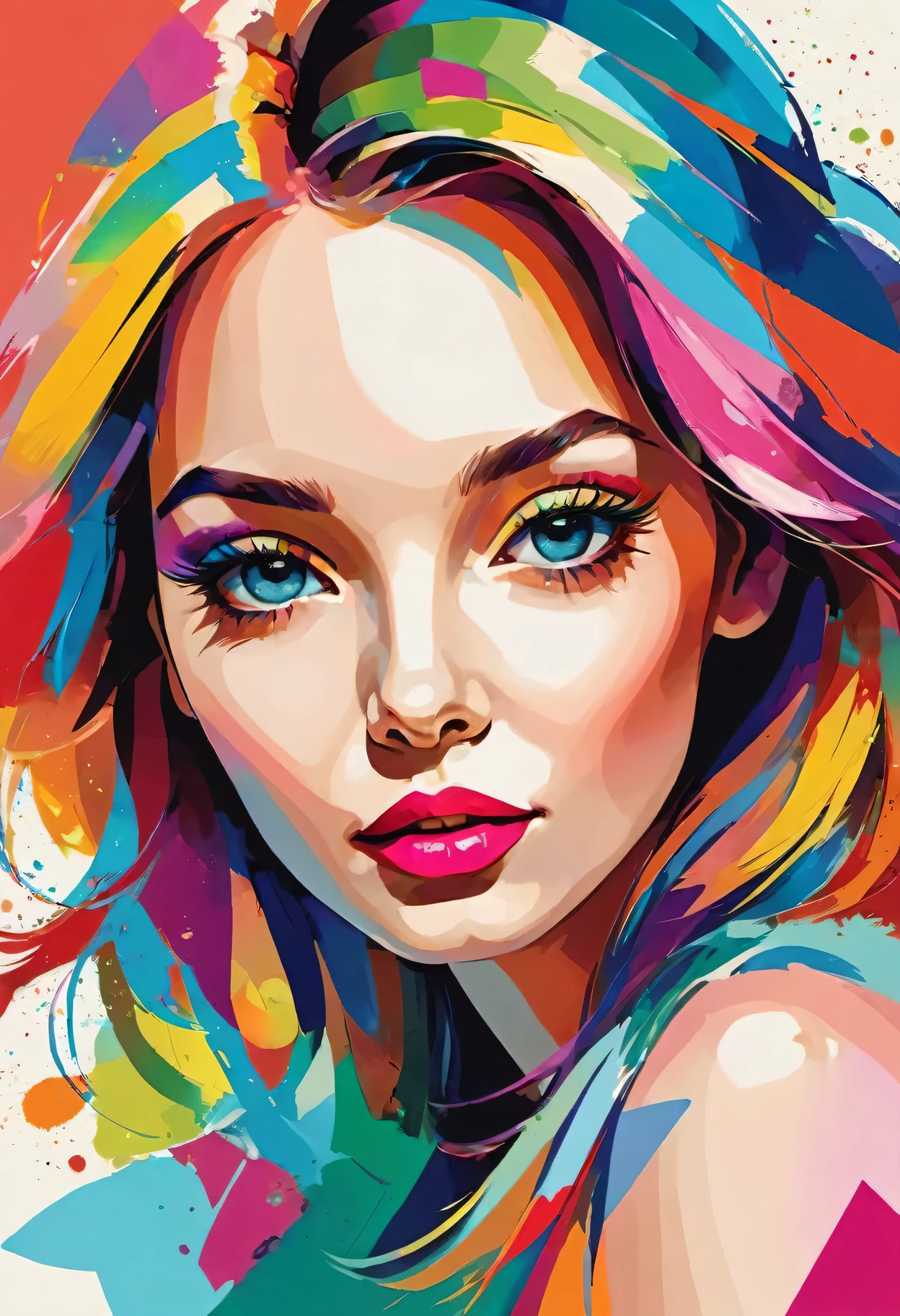 WPAP style:Portrait of a girl with a playful look in her eyes,Soft pink lips,Beautiful hairstyle,color,Watercolor-like rendering,Happy and energetic atmosphere,A fun and modern twist,Geometric shapes,Trendy pattern,Bold and contrasting colors,Expressive brushstrokes,Vibrant composition,Dynamic lines and angles,abstract elements,Eye-catching details and textures,Professionally produced,Pop Art Inspired,Explosion of colors and shapes,Loose and expressive,The color palette is rich and vibrant,Playful and lively atmosphere,Real and vivid performance,masterpiece:1.2,Ultra Detailed,Vivid colors,Clear focus,Defocused。