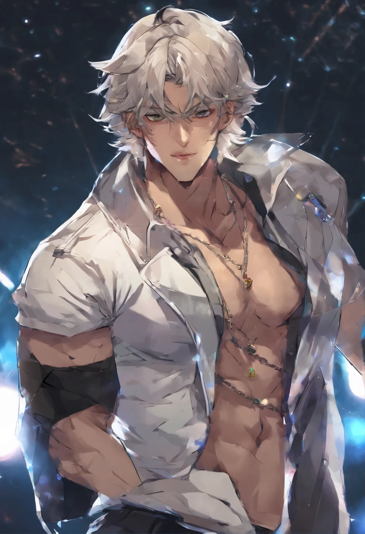 young boy, Gray tousled hair, violet eyes, cat ears, Lots of scars, Lots of lightning strikes, open torso, Body straps, Sleeveless, white kimono, Masterpiece, hiquality, high detail, HD, 4k