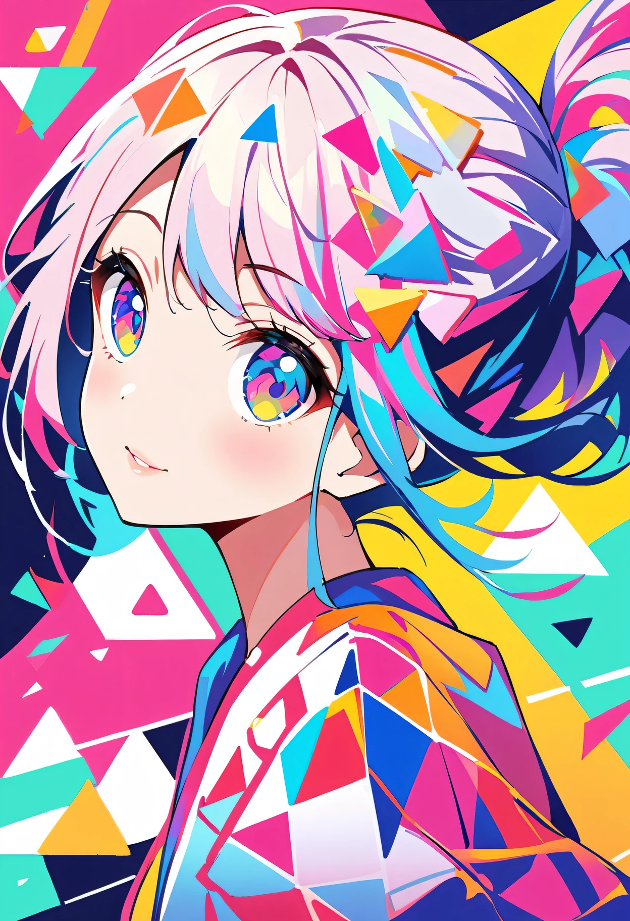 WPAP style:Portrait of a girl with a playful look in her eyes,Soft pink lips,Beautiful hairstyle,color,Watercolor-like rendering,Happy and energetic atmosphere,A fun and modern twist,Geometric shapes,Trendy pattern,Bold and contrasting colors,Expressive brushstrokes,Vibrant composition,Dynamic lines and angles,abstract elements,Eye-catching details and textures,Professionally produced,Pop Art Inspired,Explosion of colors and shapes,Loose and expressive,The color palette is rich and vibrant,Playful and lively atmosphere,Real and vivid performance,masterpiece:1.2,Ultra Detailed,Vivid colors,Clear focus,Defocused。