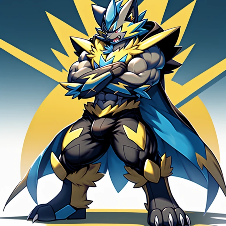 (Pokémon) Zeraora's giant robot. big muscle. GIANT. pecs, triceps, traps, waist narrow.
body full of huge muscles. bulge in the crotch, He wears a black cloak on his back. The cloak is so long that it touches the ground, crossed arms. The claws are sharp,
Sharp teeth, Protecting Zeraora's design and color scheme. bulge in the crotch,