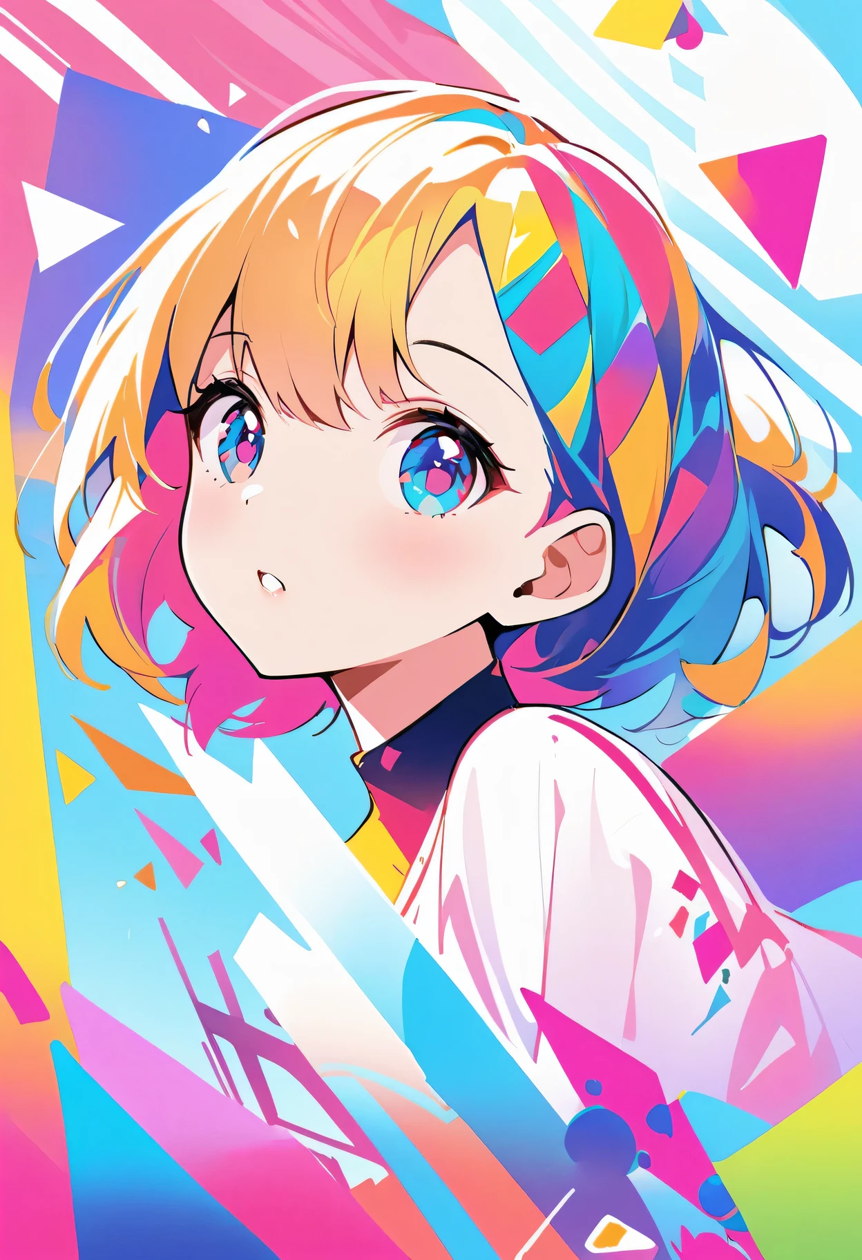 WPAP style:Portrait of a girl with a playful look in her eyes,Soft pink lips,Beautiful hairstyle,color,Watercolor-like rendering,Happy and energetic atmosphere,A fun and modern twist,Geometric shapes,Trendy pattern,Bold and contrasting colors,Expressive brushstrokes,Vibrant composition,Dynamic lines and angles,abstract elements,Eye-catching details and textures,Professionally produced,Pop Art Inspired,Explosion of colors and shapes,Loose and expressive,The color palette is rich and vibrant,Playful and lively atmosphere,Real and vivid performance,masterpiece:1.2,Ultra Detailed,Vivid colors,Clear focus,Defocused。