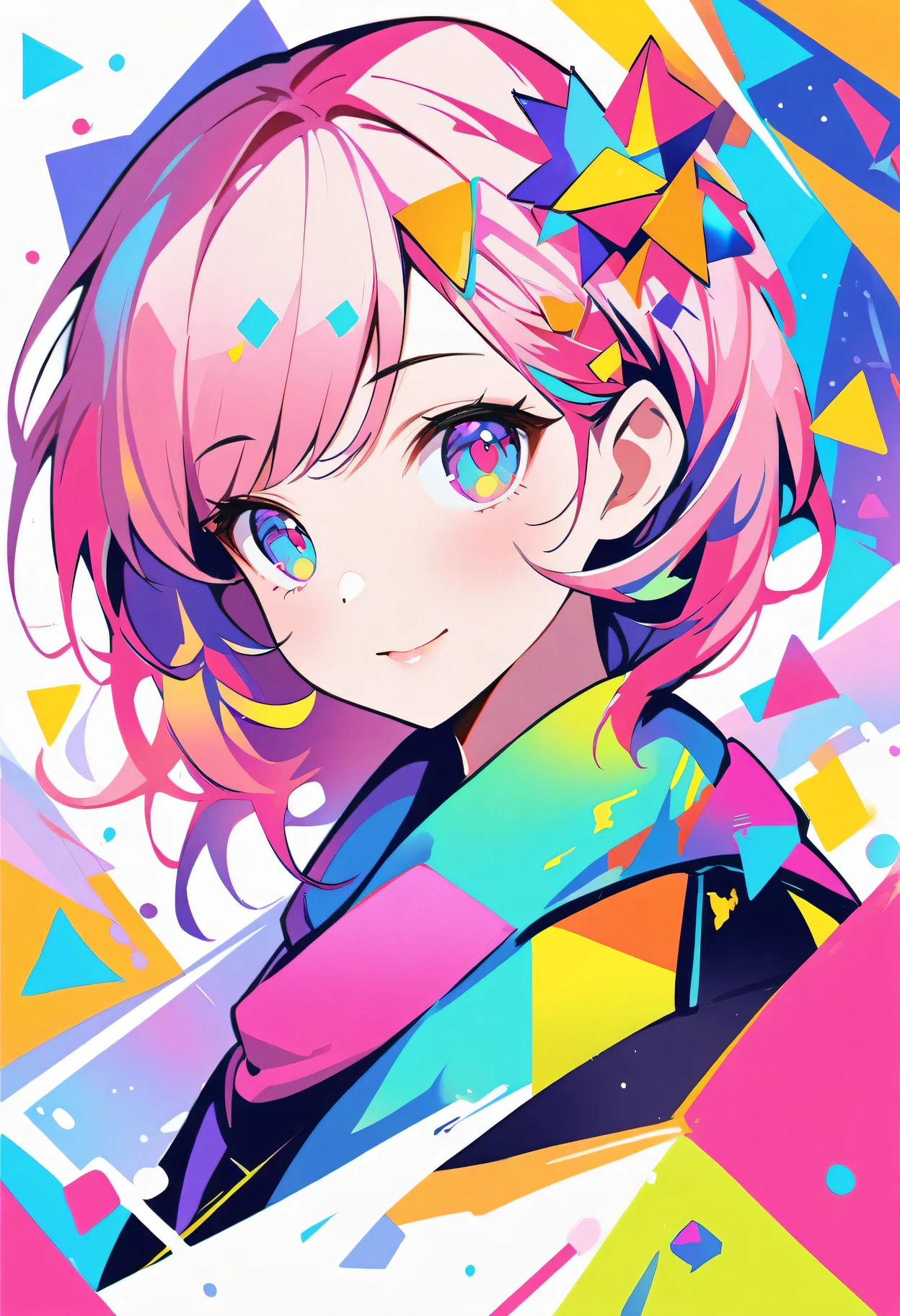 WPAP style:Portrait of a girl with a playful look in her eyes,Soft pink lips,Beautiful hairstyle,color,Watercolor-like rendering,Happy and energetic atmosphere,A fun and modern twist,Geometric shapes,Trendy pattern,Bold and contrasting colors,Expressive brushstrokes,Vibrant composition,Dynamic lines and angles,abstract elements,Eye-catching details and textures,Professionally produced,Pop Art Inspired,Explosion of colors and shapes,Loose and expressive,The color palette is rich and vibrant,Playful and lively atmosphere,Real and vivid performance,masterpiece:1.2,Ultra Detailed,Vivid colors,Clear focus,Defocused。