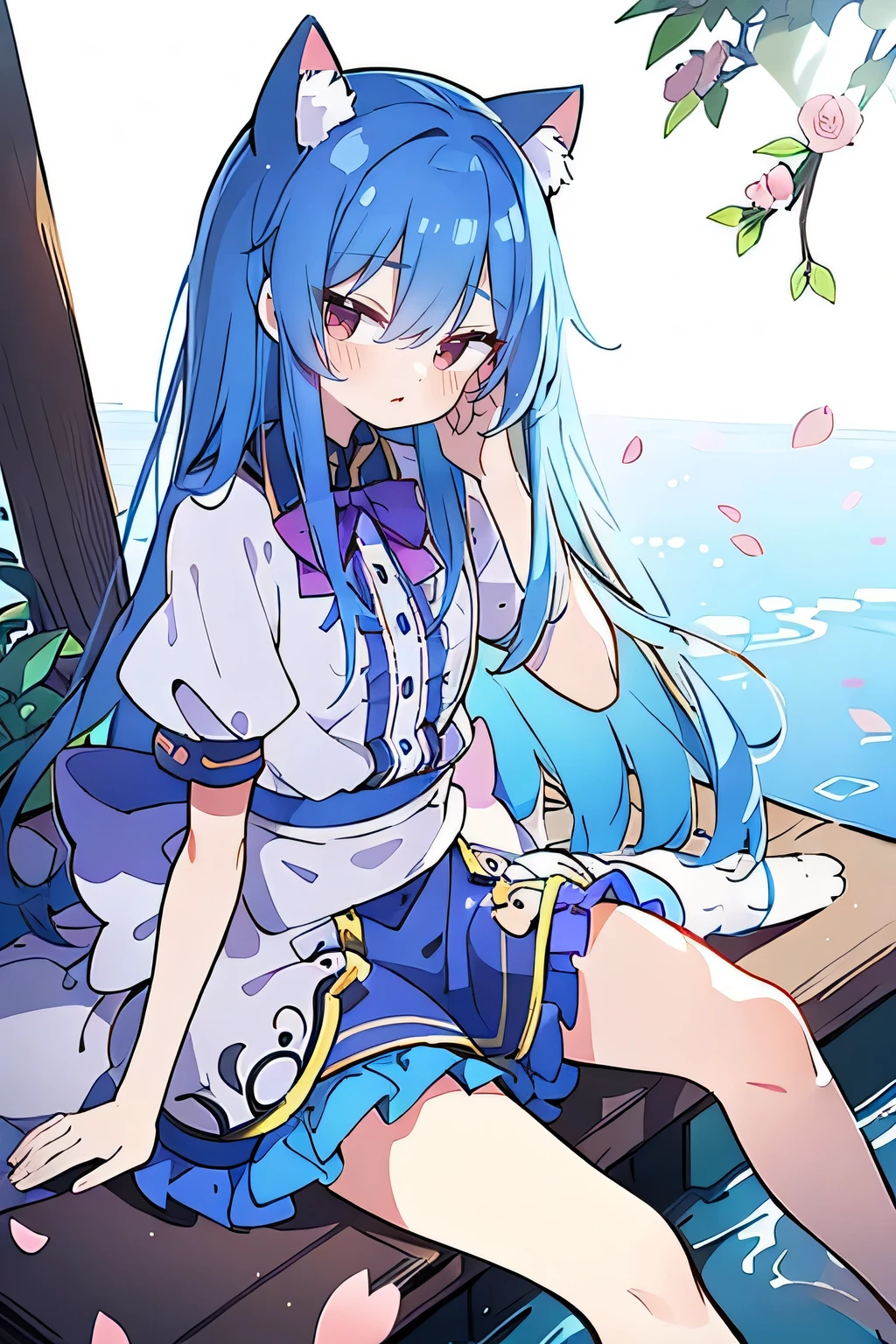 (masterpiece:1.2),ultra-detailed,realistic,expressive eyes,fair-skinned,perfectly shaped face,1girl,
Japanese cartoons,Gorgeous blue hair, flowing blue hair,floating clothes,cat ears,petals falling,beautiful Lola,Hina Angel,
hands on waist,gracefully sitting on the ground,legs crossed,gentle and serene background,cool and comfortable pavilion.