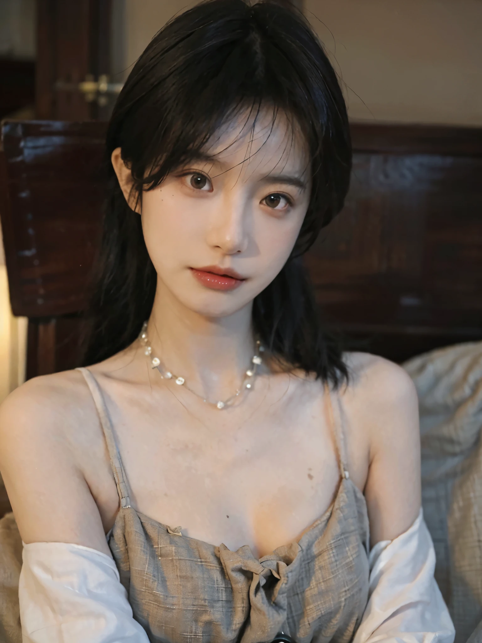 Film portrait photography, 2 girls, bare shoulders,lipstick,(flat chest:1.4), wear necklace,Big breasts:1.6,Cute expression,Exquisite makeup,Black suspenders,serene, calm, (Realistic and detailed eyes, natural skin texture, Realistic facial details), Soft dramatic lighting, depth of field, Bokeh, Vibrant details, Detailed and detailed, surreal, 35mm film, hazy, ,