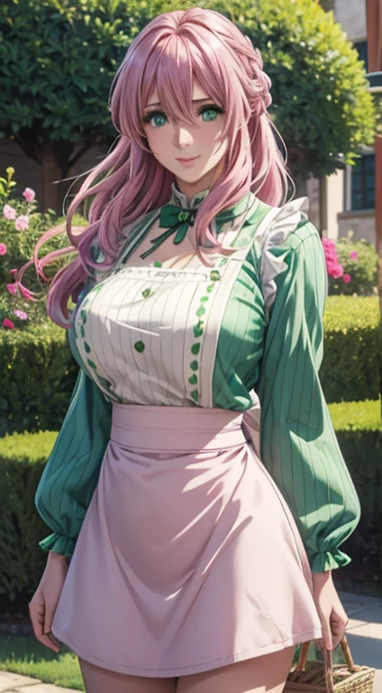 Cute Italian girl, big breasts , Italian lady, Model, long open hair, hair floating,  green color full sleeve clothes, white apron, green eyes and pink hair, short skirt, ultra realistic eyes , sunlight and garden background, bright purple eyes, ultra realistic detailed eyes, innocent eyes, looking at camera, beautiful smile, beautiful face ,pink color hair