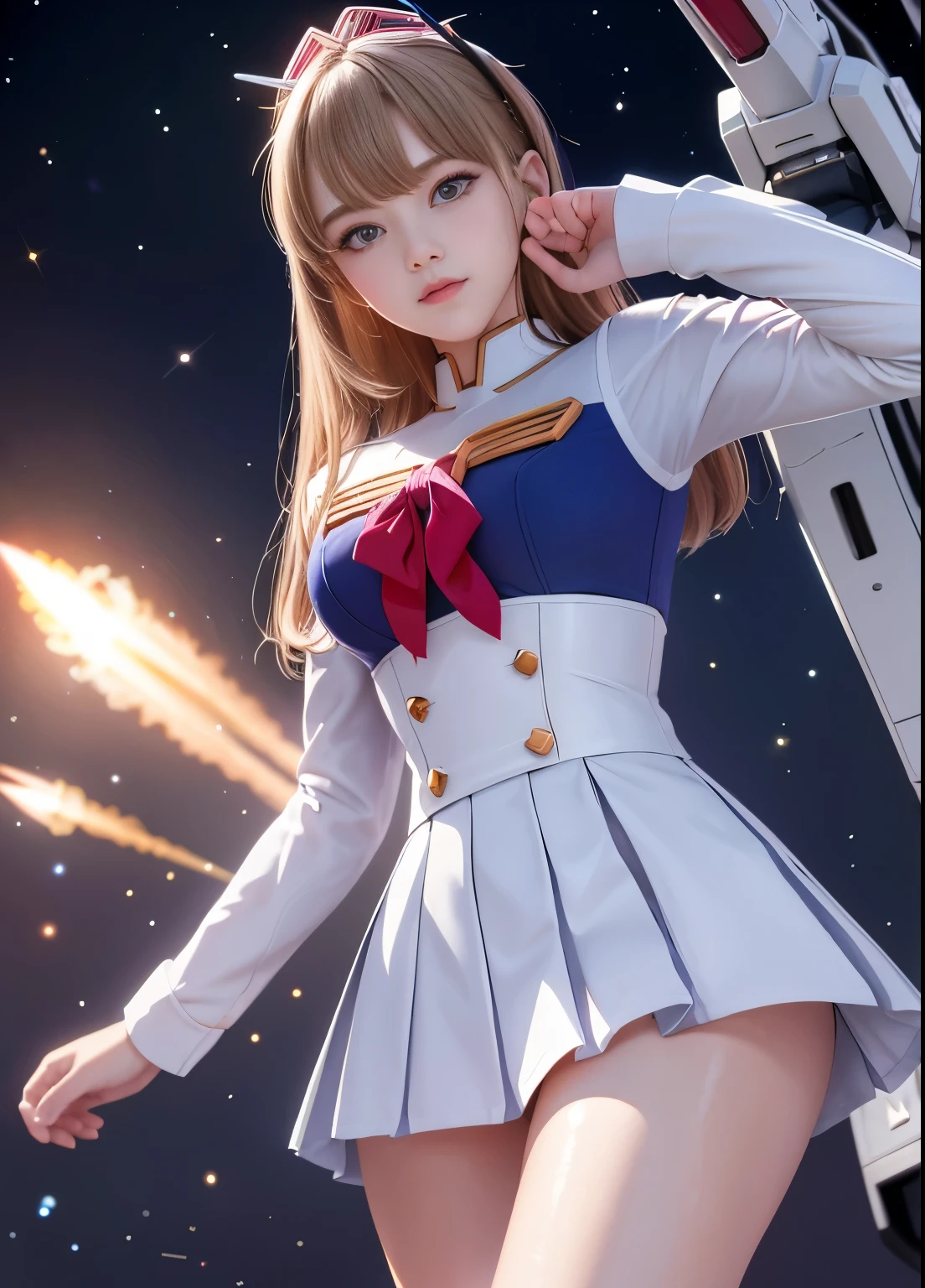 (highest quality)、(masterpiece)、detailed、realism、Mobile Suit Gundam F91 Personification、Great highlights on the upper body, Powerful Mech, 
Beam rifle,  girl, 21 years old, , Beautiful Eyes, Modest nose, Moisturized lips、smile, Absolute area, Wet slightly thick thighs, 
Short skirt, Very affectionate love relationship、Spread your legs, whole body, universe, Enemy battle scene,Be enchanted by amazing beauty、