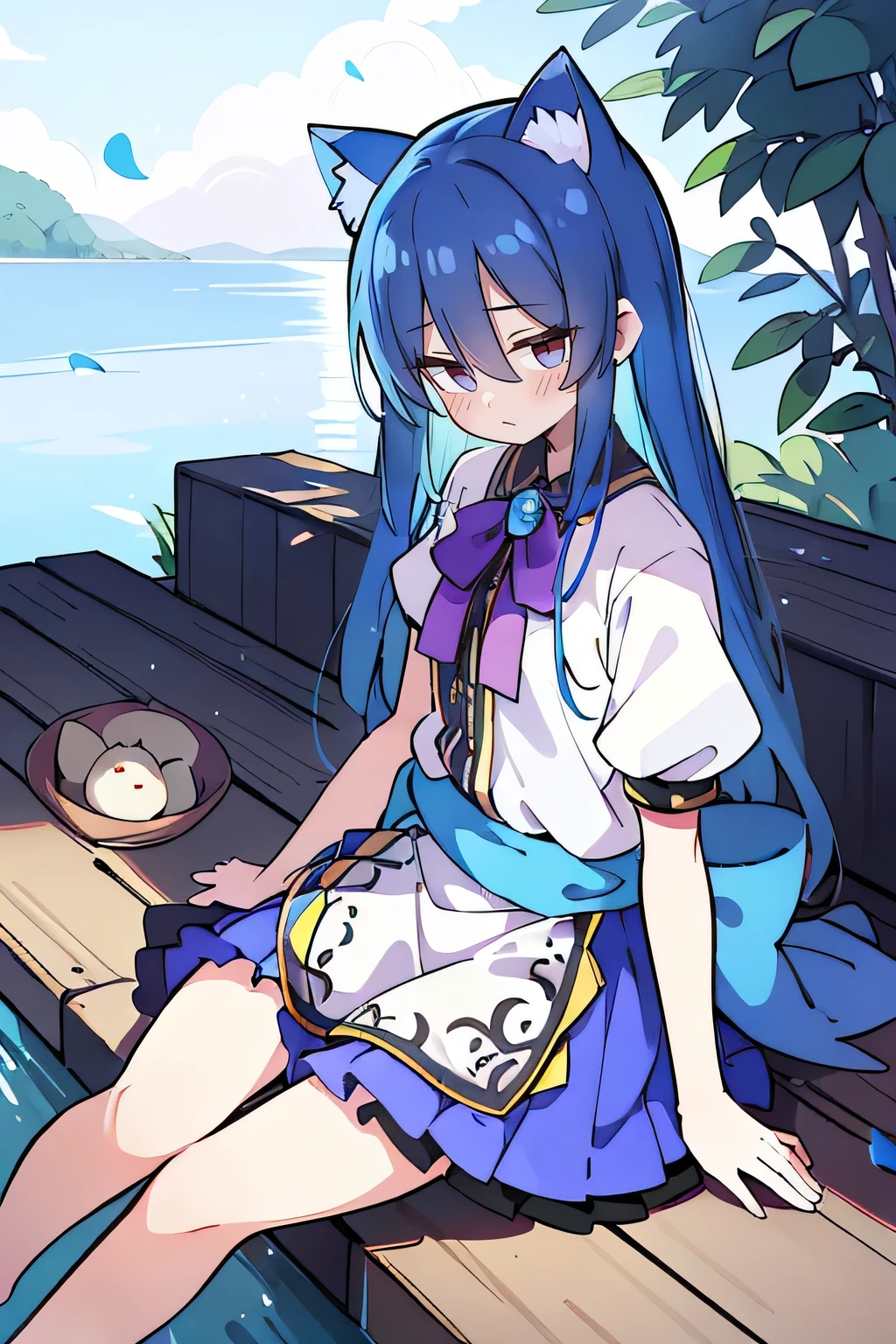 (masterpiece:1.2),ultra-detailed,realistic,expressive eyes,fair-skinned,perfectly shaped face,1girl,
Japanese cartoons,Gorgeous blue hair, flowing blue hair,floating clothes,cat ears,petals falling,beautiful Lola,Hina Angel,
hands on waist,gracefully sitting on the ground,legs crossed,gentle and serene background,cool and comfortable pavilion.