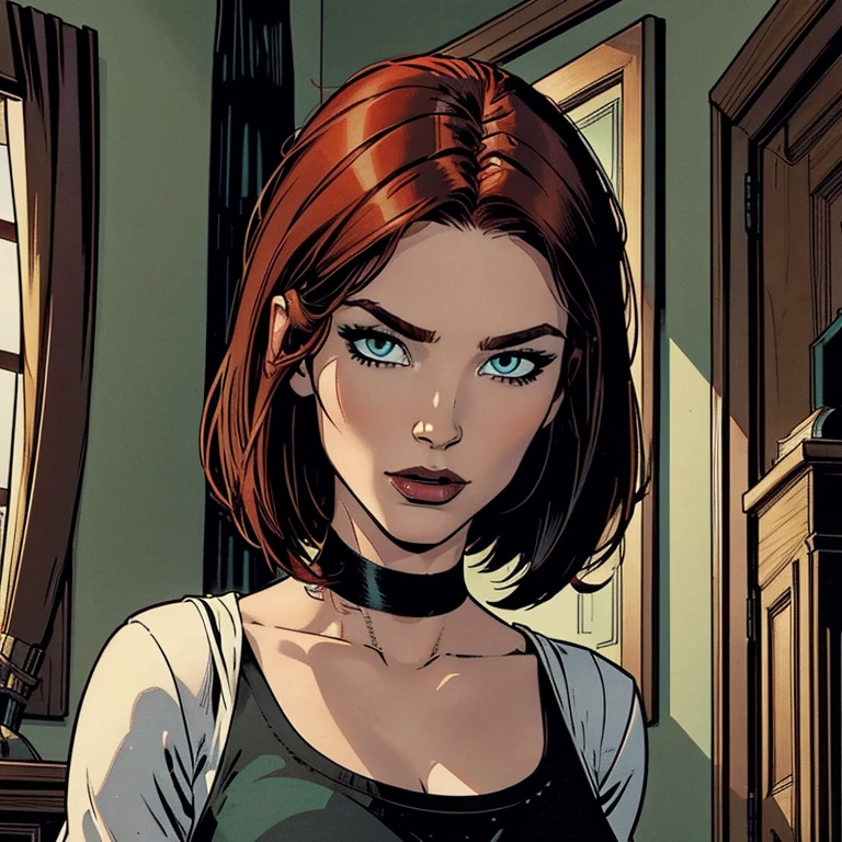 Draw a beautiful white redhead woman, she is wearing a black shirt, she has a beautiful short red hair with a fringe, she has beautiful eyes with green iris, her face is pretty, very beutiful, high resolution, 4k, 8k, masterpiece, high detailed, american comic book style image