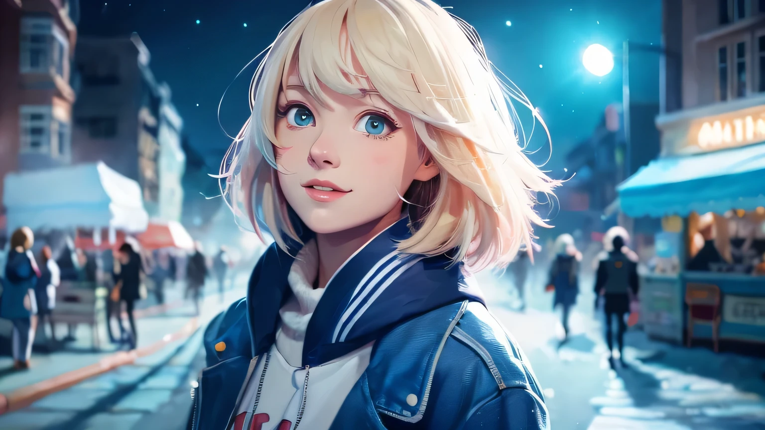 A girl with light hair and a blue jacket looks at the camera, Inspired by Yumei, Digital anime art, Colorful digital painting, rossdraws cartoon vibrant, Anime Style 4k, Alice x. open, by Yuumei, Digital anime illustration, beautiful anime portrait, Vivid digital painting, detailed Digital anime art, Anime digital art,Add the text &quot;Rest&quot; to the cheeks