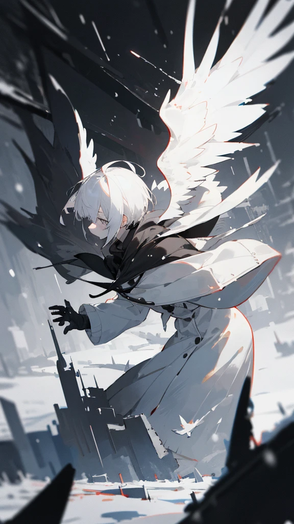 (masterpiece、highest quality)、Short nape hair、1 girl with very short white hair、Black cardigan、Grim expression、Grey Eyes、Warm lighting、 Blurred foreground、night深く、High Contrast、night、In the city,it's snowing,Heavy snowfall,winter,Alone in the vast snowy field,whole body,curse,Facing forward,Huge construction,Flying with robot wings
