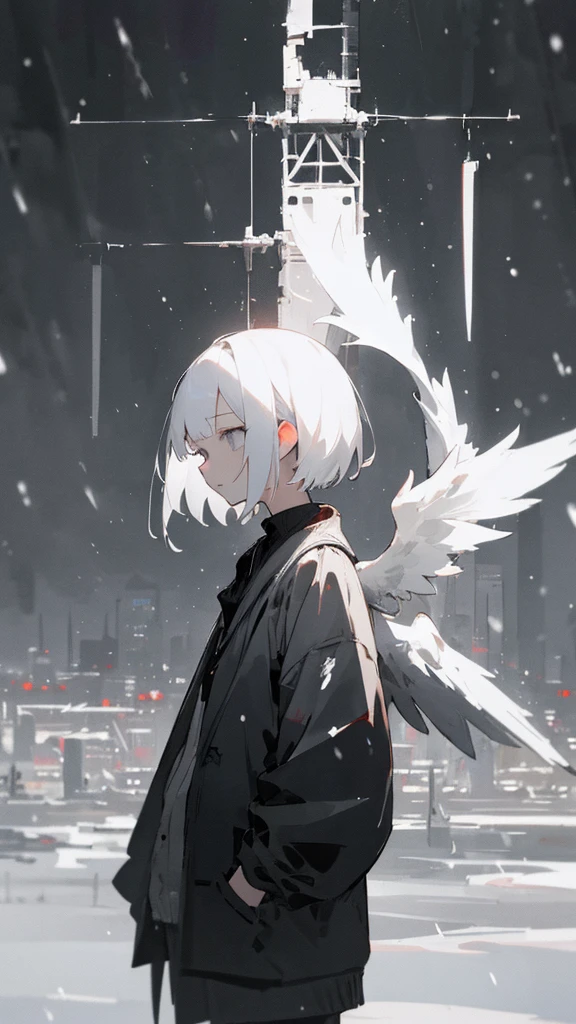 (masterpiece、highest quality)、Short nape hair、1 girl with very short white hair、Black cardigan、Grim expression、Grey Eyes、Warm lighting、 Blurred foreground、night深く、High Contrast、night、In the city,it&#39;s snowing,Heavy snowfall,winter,Alone in the vast snowy field,whole body,curse,Facing forward,Huge construction,Flying with robot wings