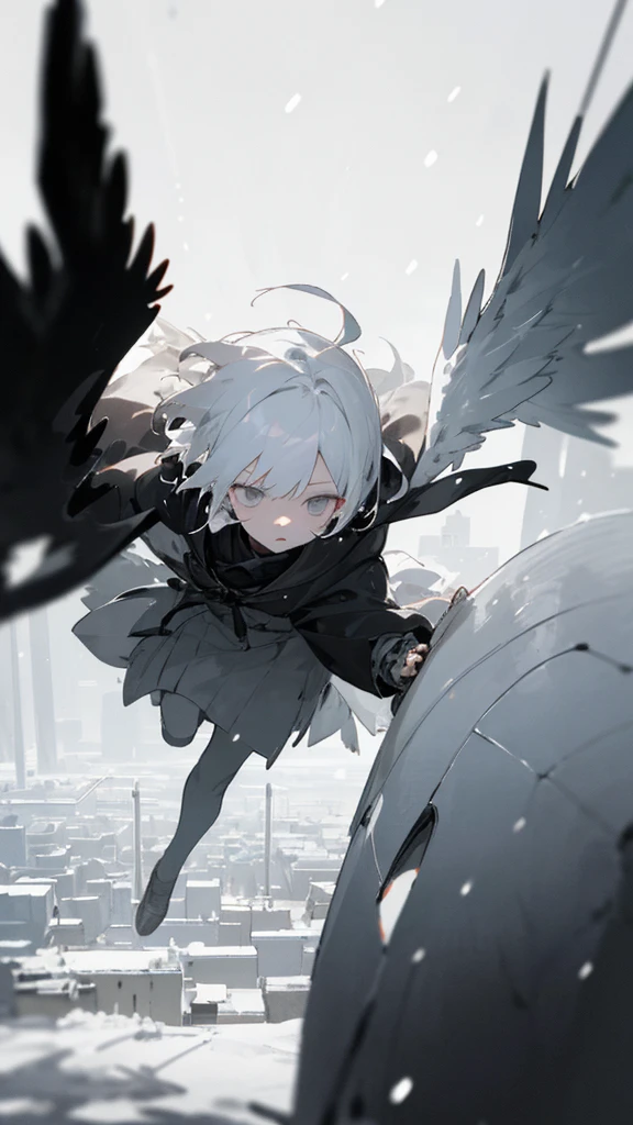 (masterpiece、highest quality)、Short nape hair、1 girl with very short white hair、Black cardigan、Grim expression、Grey Eyes、Warm lighting、 Blurred foreground、night深く、High Contrast、night、In the city,it&#39;s snowing,Heavy snowfall,winter,Alone in the vast snowy field,whole body,curse,Facing forward,Huge construction,Flying with robot wings