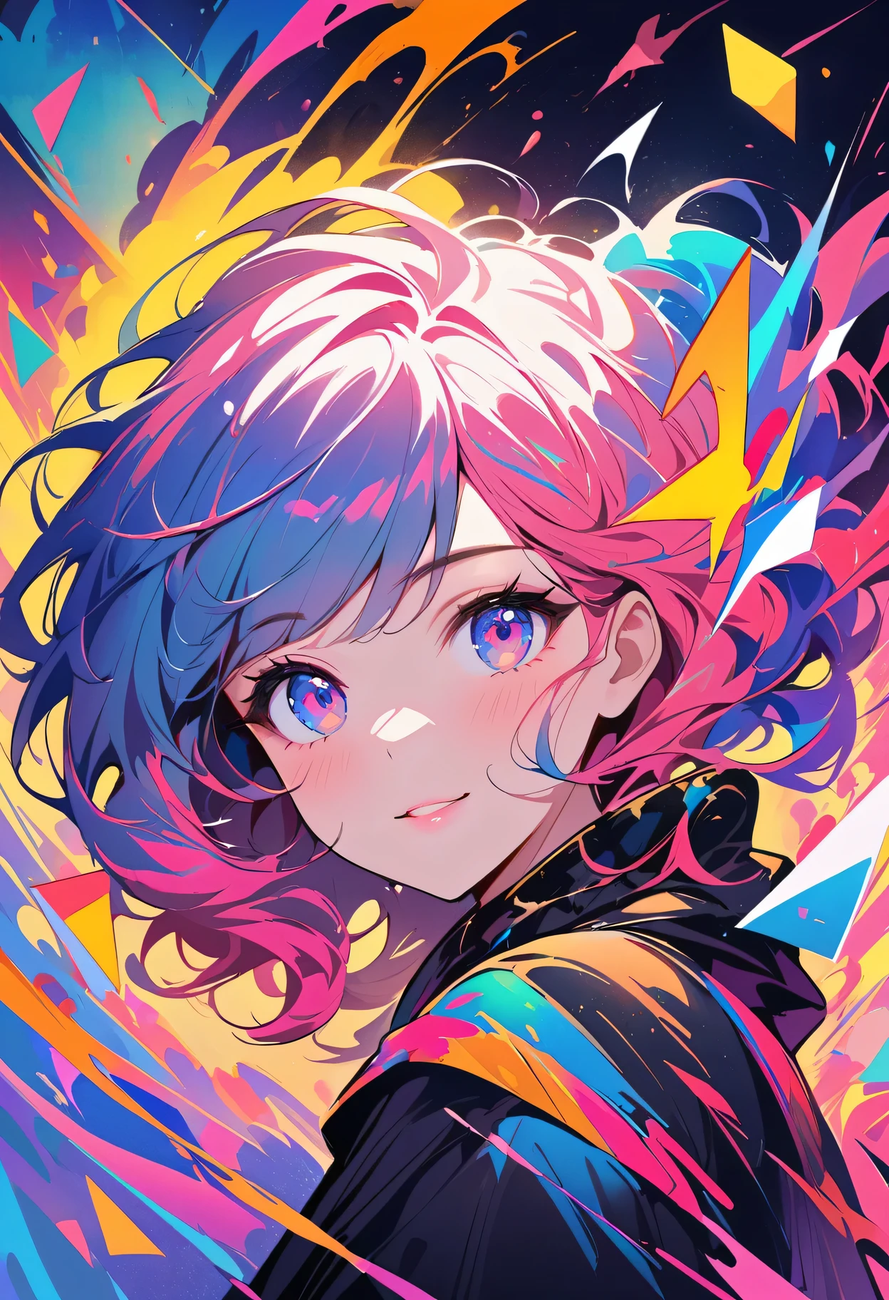 WPAP style：Portrait of a girl with a playful look in her eyes，Soft pink lips，Beautiful hairstyle，color，Watercolor-like rendering，Happy and energetic atmosphere，A fun and modern twist，Geometric shapes，Trendy pattern，Bold and contrasting colors，Expressive brushstrokes，Vibrant composition，Dynamic lines and angles，abstract elements，Eye-catching details and textures，Professionally produced，Pop Art Inspired，Explosion of colors and shapes，Loose and expressive，The color palette is rich and vibrant，Playful and lively atmosphere，Real and vivid performance，masterpiece：1.2，Ultra Detailed，Vivid colors，Clear focus，Defocused。
