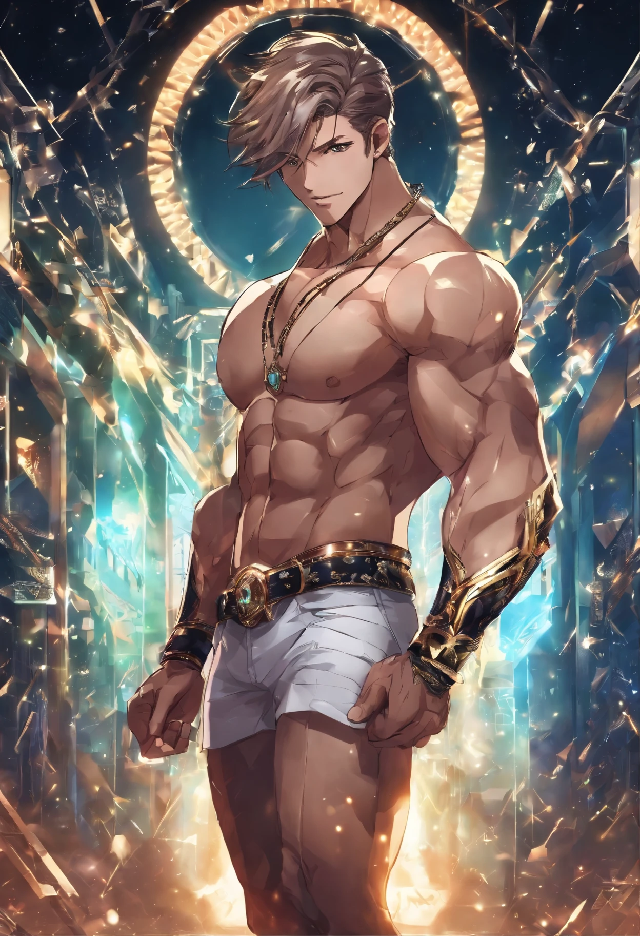 8K, masutepiece, Raw photography, Best Quality, Photorealistic, Highly detailed CG Unity 8K wallpapers, depth of fields, Cinematic Light, Lens Flare, Ray tracing, (Very beautiful and charismatic face, Beautiful lips, Beautiful eyes), intricately detailed face, (Ultra detailed skin), 1 man, In nature, In the deep shadows, Beautiful European Man, Kpop Idol, 1 male, (very strong and muscular body:1.3), (looking at audience), (Great determined appearance) :1.3), (Sleeveless), (Fashion City Night, a dark night, neon signs, Blurred background), Fashion Street Night, (The person behind々:1.3), Beautiful earrings, Bracelets, Necklace, pantyhose, Clear eyes, Walking, (pale skin), (Big eyes), Face forward, (upperbody shot), (loose-fitting clothes:1.3), (Brown hair), (Bosch Clothing, (Transparent), (looking at audience:1.3) Very strong ,, back turned, (Back shot), Transparent, Medium hip.