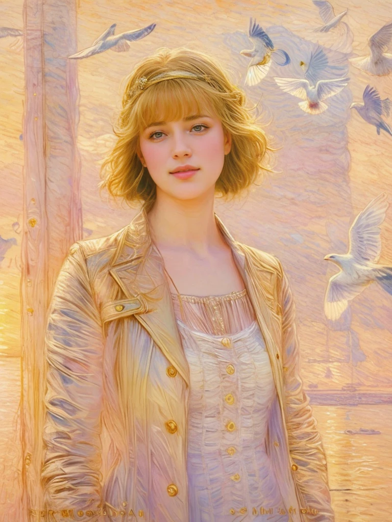 cloudy day, pigeons flying in the sky, Portrait of a 25-year-old girl with long blonde hair, dressed in a dress made of light material, rays of the sun, bromine art, image of an epic fantasy character, portrait of a character, fantasy art, works by Richard Schmid, A. Mucha, V. Volegova, impressionism, your love.