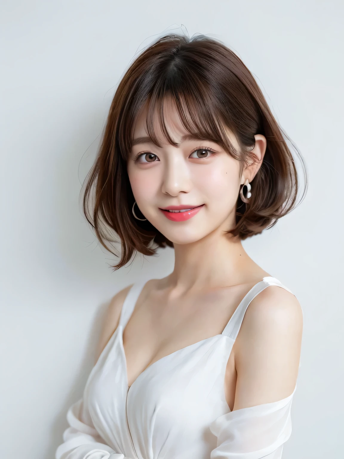 Off-the-shoulder long-sleeve dress, (8k, RAW Photos, highest quality, masterpiece:1.2), High-quality RAW color photos, Professional photos, (Realistic, photo Realistic:1.37), Cinematic Light, 1 girl, Laughter, White wall, Taken in front of a white door, (A room with a white wall and a window), Various poses, break (Ombre:1.3) , Simple Necklace, Spring Clothes, (Beautiful profile:1.3), profile, Dark Brown Hair色, Short hair 20 years old, 1 person, ((Beautiful female announcer,A kind smile:1.5)),
((Gorgeous Earrings, Silver Necklace:1.2)),
((A milky dress made of fabric that fits the body perfectly, No bra:1.5)),
Flexible body :1.3, Model Body Type:1.5, 頭w:1.4, Perfect Style:1.4,
Realistic skin texture, Fair skin, Shiny skin,
Narrow shoulders, Beautiful clavicle, Long, slender legs,
Highly detailed face, Slim face contour, Beautiful small face, Beautiful Nose,
Ultra-detailed eyes, Slit eyes, Brown eyes, double eyelid, Ultra-thin eyebrows, Thin, long eyelashes,
Ultra-detailed lips, Plump and moisturized lips, glossy pink lips, Flushed Cheeks, ((White beautiful teeth)),
Beautiful actress's ennui makeup, Pink lipstick, Smoky eyeshadow,
Dark Brown Hair, Delicate soft hair, Hair blowing in the wind,
(Put your hair up, Medium Short Hair, Elegant curly hair:1.2),
Layered Cut, (Blunt bangs:1.2),
Mouth half open, Attractive look, Looking into the camera,
(Full body image from thigh:1.2),
((Lift your face a little)),
((Chest to chest)),
((Squint your eyes)),
((Pursing your lips:1.2)),
((Cheeks turn red:1.2)),
((Flat Chest)),