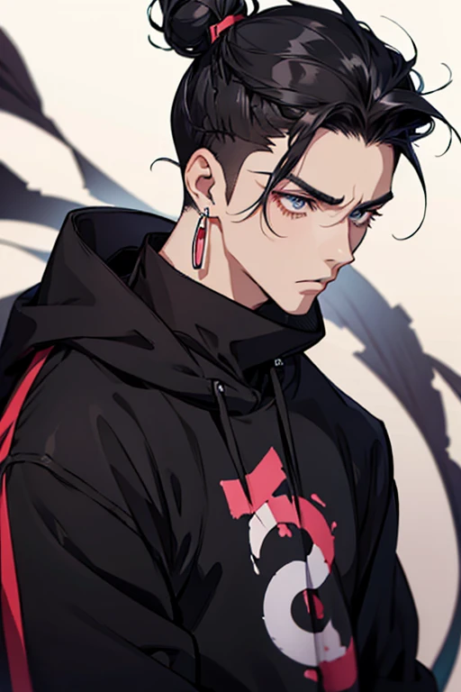 man anime gradient anime young black hair with shaved low bun on the sides turns his hair to the left side in the middle serious face with black earrings sweatshirt