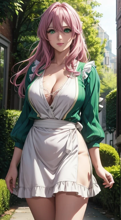 Cute Italian girl, big breasts , cleavages, Italian lady, Model, long open hair, hair floating, green color full sleeve clothes, white apron, green eyes and pink hair, short skirt, open neckline, ultra realistic eyes , sunlight and garden background, bright purple eyes, ultra realistic detailed eyes, innocent eyes, looking at camera, beautiful smile, beautiful face ,pink color hair