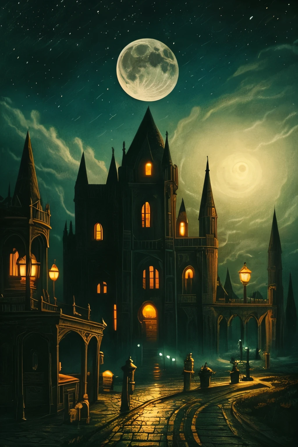 night town, night view, retro, moon light, dark scene, dark mist, horror, dark fantasy, high detailed, high quality, real shadow, masterpiece,