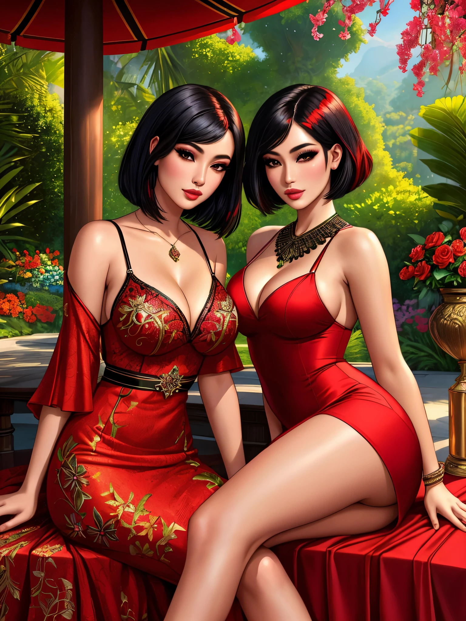 (best quality,4k,8k,highres,masterpiece:1.2),ultra-detailed,(realistic,photorealistic,photo-realistic:1.37),portrait, vibrant colors, glamorous, exquisite makeup, dramatic lighting, vibrant atmosphere,two gorgeous asian ladies, stunning beauty, delicate facial features, perfect skin complexion,detailed eyes, glossy lips, seductive expressions,black mascara, elegant eye makeup,red streaks in their bobcut black hair, beautiful short red dresses with intricate designs, sitting gracefully on a table, confident and alluring poses, trendy accessories that complement their outfits, exotic garden background, vibrant flowers and lush greenery, warm sunlight casting a romantic glow, captivating and mysterious atmosphere