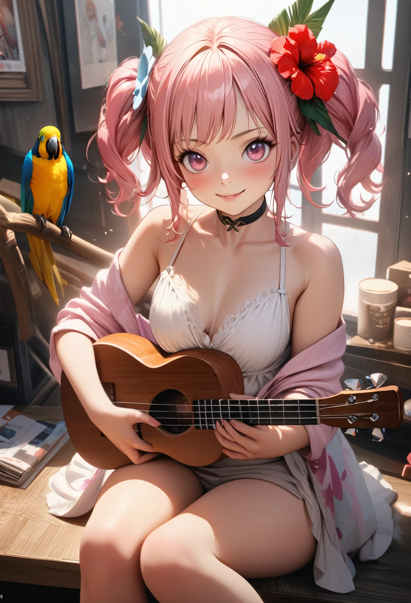 masterpiece, 最high quality, expensively detailed, expensive resolution, an expensive resolution, expensive resolution, 4K, 8k, unity 8k wallpaper, expensively detailed cg, masterpiece, Realistic, Beautiful details, depth, Fine texture, high quality: 1.3, Total concentration, Crisp skin, he, Very cute anime, Cute like an idol, Tall and long pink hair, One Girl, Aloha One Piece,ukulele、Colorful parrots、 greeting, Hibiscus Hair Accessories, smile, long pink hair, whole body , heの目の下のほくろ, Line Sight, expensive, blush, Lips parted, heart, Pink Eyes, choker