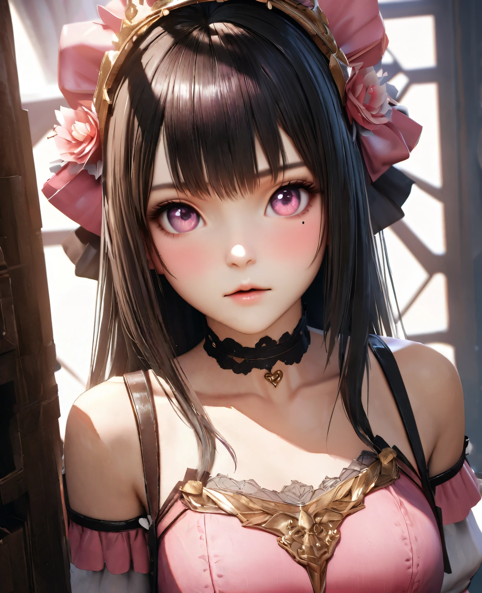 masterpiece, highest quality, Very detailed, High resolution, An expensive solution, High resolution, 4K, 8k, unity 8k wallpaper, Very detailed CG, masterpiece, Realistic, 2D, 3D, Beautiful details, depth, Fine texture, Super quality: 1.3, Total concentration, crispy skin, he, Very cute anime girl, expensive , expensive Pink semi-long hair, One Girl, alone, Pink semi-long hair, expensive , Mole under the eye, sight, expensive, Blushing, Closed open lips, hair ornaments, heart, Pink Eyes, choker