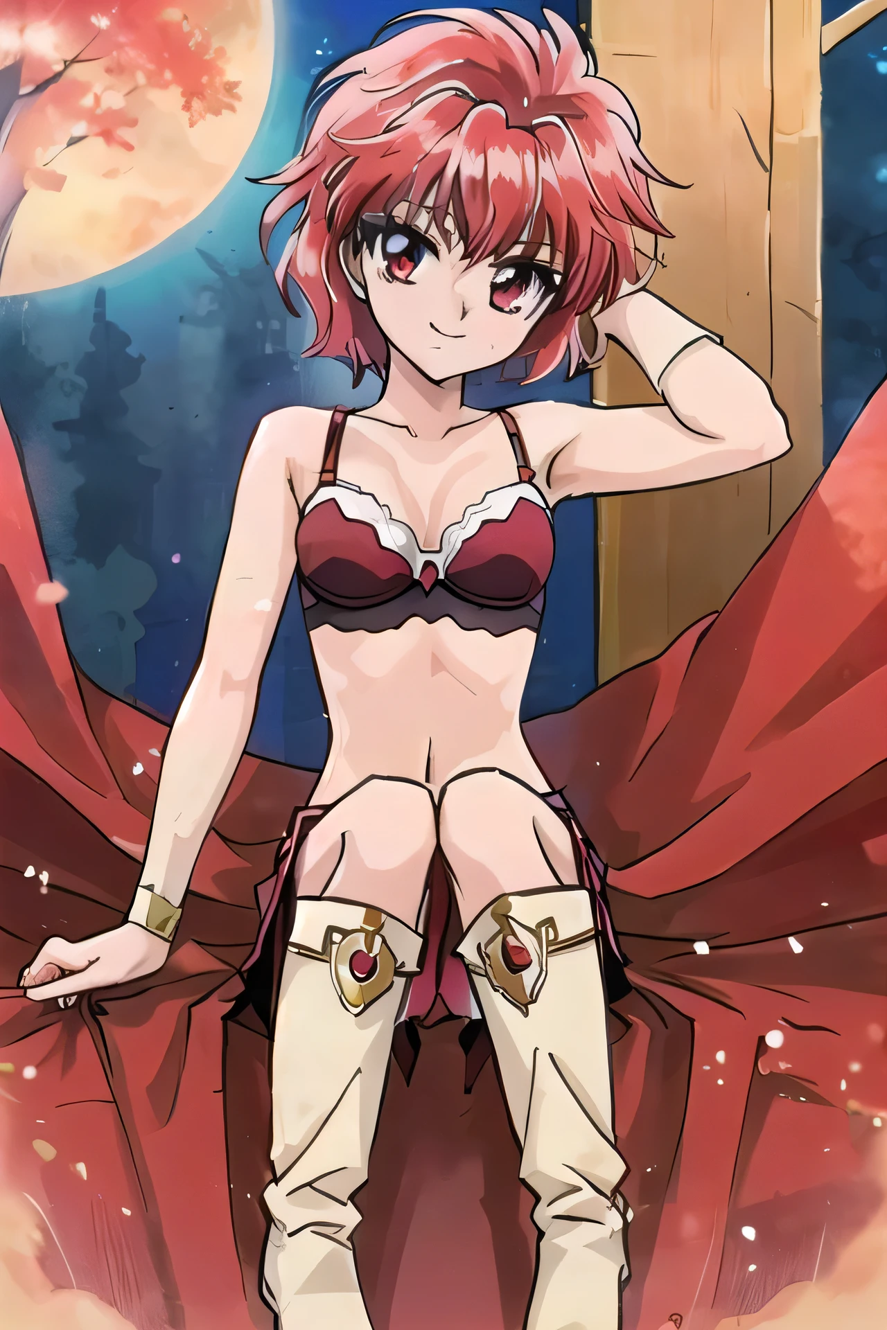 nice、Key Visual、Vibrant、sketch、Studio Anime、Awards, Professional、Very detailed、High budget、CinemaScope、(Sharp Edges:1.2)、boy、solo、Sweet smile、Close your mouth、smile、Touching your hair、(Redhead)、Red bra、Red panties、Knee Boots、bra with an red、Bare shoulders、Bare Arms、panty with an red、bra and panty only、