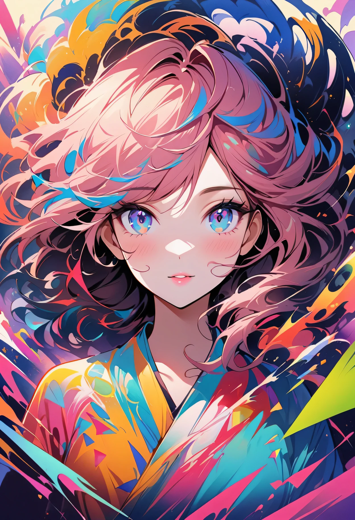 WPAP style：Portrait of a girl with a playful look in her eyes，Soft pink lips，Beautiful hairstyle，Color coordination，Watercolor-like rendering，Happy and energetic atmosphere，A fun and modern twist，Geometric shapes，Trendy pattern，Bold and contrasting colors，Expressive brushstrokes，Vibrant composition，Dynamic lines and angles，abstract elements，Eye-catching details and textures，Professionally produced，Pop Art Inspired，An explosion of colors and shapes，Loose and expressive，The color palette is rich and vibrant，Playful and lively atmosphere，Real and vivid performance，masterpiece：1.2，Ultra Detailed，Vivid colors，Clear focus，Defocused。