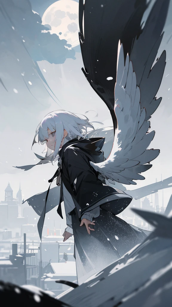 (masterpiece、highest quality)、Short nape hair、1 girl with very short white hair、Black cardigan、Grim expression、Grey Eyes、Warm lighting、 Blurred foreground、night深く、High Contrast、night、In the city,it's snowing,Heavy snowfall,winter,Alone in the vast snowy field,whole body,curse,Facing forward,Huge construction,Flying with robot wings,Long Hair,真っ黒なnight,full moon,universe