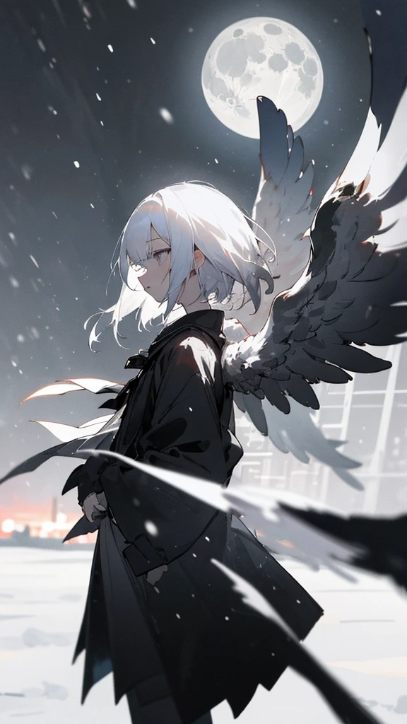 (masterpiece、highest quality)、Short nape hair、1 girl with very short white hair、Black cardigan、Grim expression、Grey Eyes、Warm lighting、 Blurred foreground、night深く、High Contrast、night、In the city,it's snowing,Heavy snowfall,winter,Alone in the vast snowy field,whole body,curse,Facing forward,Huge construction,Flying with robot wings,Long Hair,真っ黒なnight,full moon,universe