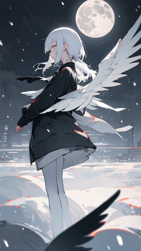 (masterpiece、highest quality)、Short nape hair、1 girl with very short white hair、Black cardigan、Grim expression、Grey Eyes、Warm lighting、 Blurred foreground、night深く、High Contrast、night、In the city,it's snowing,Heavy snowfall,winter,Alone in the vast snowy field,whole body,curse,Facing forward,Huge construction,Flying with robot wings,Long Hair,真っ黒なnight,full moon,universe