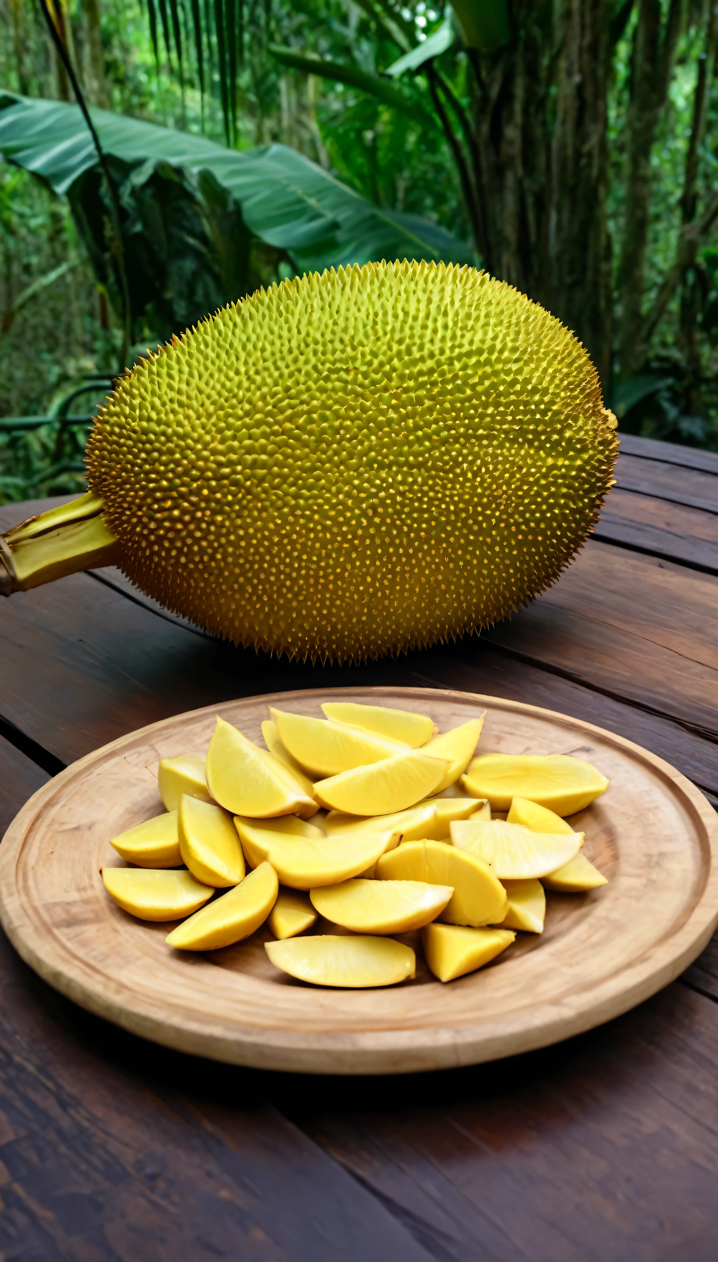 a jackfruit in a beautiful wooden plate, in a very nice wooden table in a jungle enviroment, UHD, 8k, ultra-realistic, cinematic