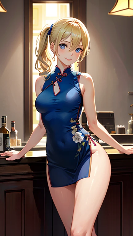 (masterpiece:1.3, highest quality, Ultra-high resolution, Super detailed), (Realistic, photoRealistic:1.4), Beautiful illustrations, Perfect lighting, Natural light, colorful, Depth of written boundary, Surrealism, View your viewers, 1 girl, , 7 heads, Perfect Face, (Perfect Anatomy), Cute and symmetrical face, Baby Face, Shiny skin, (Ideal body proportions), (Middle Hair:1.5, Side Ponytail:1.2, Blonde), Hair between the eyes, Dark blue eyes, Long Eyelashes, (Large Breasts:1.2, Captivating thighs), thin, Small Ass, thin脚, Beautiful Hair, Beautiful Face, Beautiful fine details, Beautiful clavicle, Beautiful body, Beautiful breasts, Beautiful thighs, Beautiful feet, Beautiful fingers, ((sleeveless blue mini cheongsam dress)), Blue High Heels, (Beautiful views), evening, (bar counter), (smile:1.5, happiness), No clothes, Completely naked.