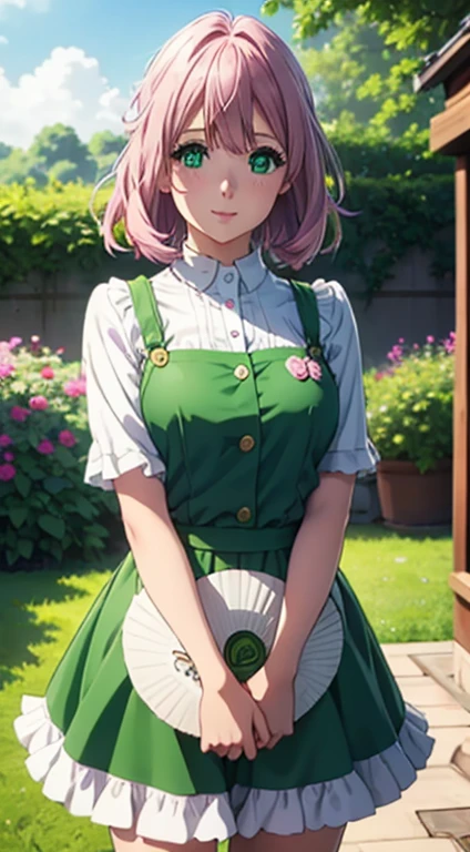 Cute girl,big sized , green colour clothes, white apron, green eyes and pink hair, short skirt, ultra realistic eyes , sunlight and garden background, bright purple eyes, ultra realistic detailed eyes, innocent eyes, looking at camera, beautiful smile, beautiful face,pink colour hair