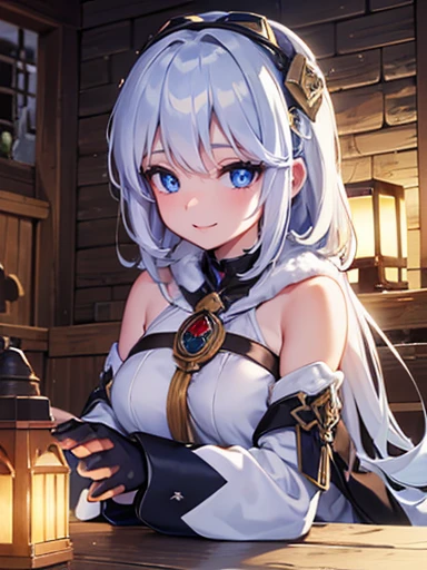 ((Very detailed)), 4K, ((Cinema Lighting)), close, Fantasy World, Cobblestone city, wooden stone house, snow, market, marketの屋台, Adult female, dirty, guard,whitish hair color,Goggles on head, blue eyes, ((Beautiful Eyes)), Happy expression, Have a cannon,White fluffy coat