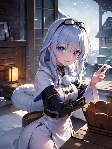 ((Very detailed)), 4K, ((Cinema Lighting)), close, Fantasy World, Cobblestone city, wooden stone house, snow, market, marketの屋台, Adult female, dirty, guard,whitish hair color,Goggles on head, blue eyes, ((Beautiful Eyes)), Happy expression, Have a cannon,White fluffy coat