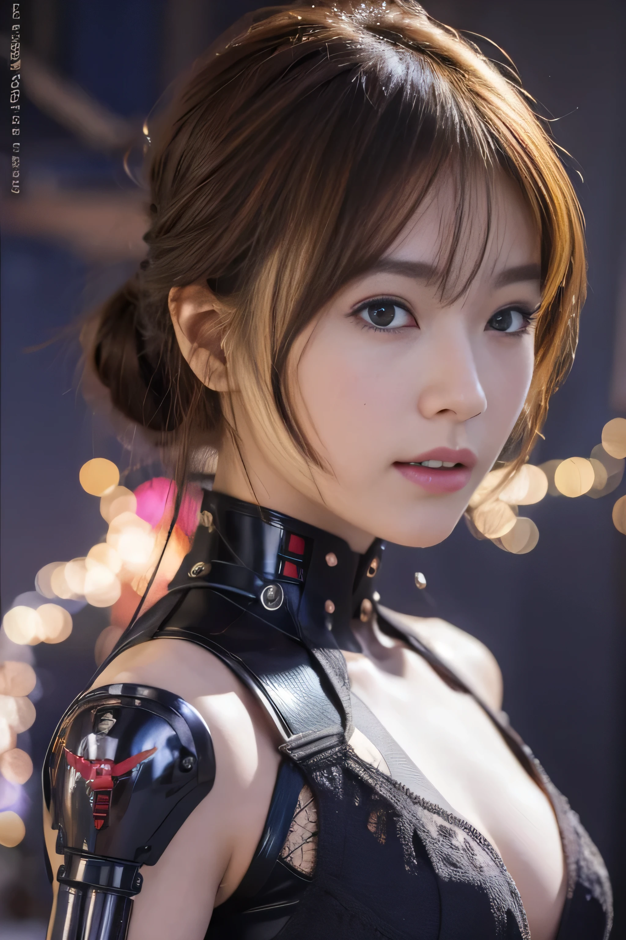 highest quality, masterpiece, Ultra-high resolution, (Realistic: 1.4), RAW Photos, Blonde Hair, Glowing Skin, (1. Mechanical Girl), (Ultra-Realistic Details), Portraiture, Global Illumination, Shadow, Octane Rendering, Ultra Sharp, (Flat Chest:1.3), Bare skin exposed from cleavage, Metal, Intricate decorative details, More about Japan, Very intricate detail, Realistic Light, CGSoation Trend, Purple eyes, Shining Eyes, To the camera, (Neon Details, Mechanical Limbs, Blood vessels connected to tubes, Mechanical vertebrae attached to the back, Mechanical cervical attachment to the neck, Wires and cables connected to the head, (Gundam:1.3), Small LED Lamp:1.2), whole body, (Any pose:1.4), (Abdominal Peek:1.2), From behind,