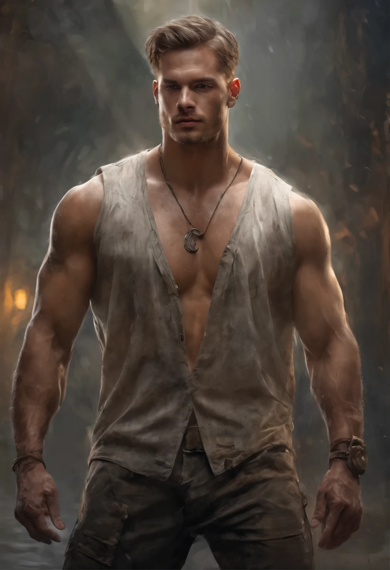 8K, masutepiece, Raw photography, Best Quality, Photorealistic, Highly detailed CG Unity 8K wallpapers, depth of fields, Cinematic Light, Lens Flare, Ray tracing, (Very beautiful and charismatic face, Beautiful lips, Beautiful eyes), intricately detailed face, (Ultra detailed skin), 1 man, In nature, In the deep shadows, Beautiful European Man, Kpop Idol, 1 male, (very strong and muscular body:1.3), (looking at audience), (Great determined appearance) :1.3), (Sleeveless), (Fashion City Night, a dark night, neon signs, Blurred background), Fashion Street Night, (The person behind々:1.3), Beautiful earrings, Bracelets, Necklace, pantyhose, Clear eyes, Walking, (pale skin), (Big eyes), Face forward, (upperbody shot), (loose-fitting clothes:1.3), (Brown hair), (Bosch Clothing, (Transparent), (looking at audience:1.3) Very strong ,, back turned, (Back shot), Transparent, Medium hip.