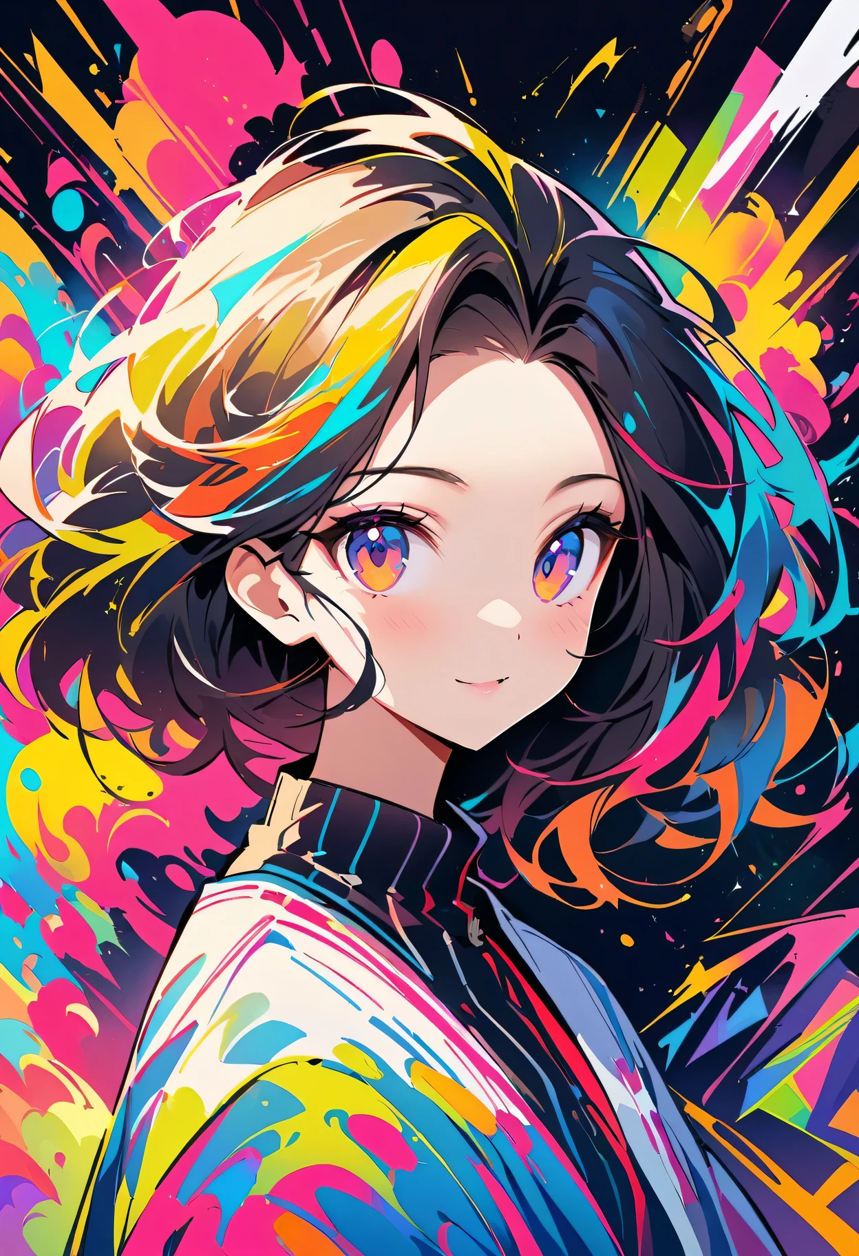 WPAP style:A beautiful girl,portrait,Beautiful hairstyle,Color coordination,Watercolor-like rendering,Happy and energetic atmosphere,A fun and modern twist,Geometric shapes,Trendy pattern,Bold and contrasting colors,Expressive brushstrokes,Vibrant composition,Dynamic lines and angles,abstract elements,Eye-catching details and textures,Professionally produced,Pop Art Inspired,An explosion of colors and shapes,Loose and expressive,The color palette is rich and vibrant,Playful and lively atmosphere,Real and vivid performance,masterpiece:1.2,Ultra Detailed,Vivid colors,Clear focus,Defocused。