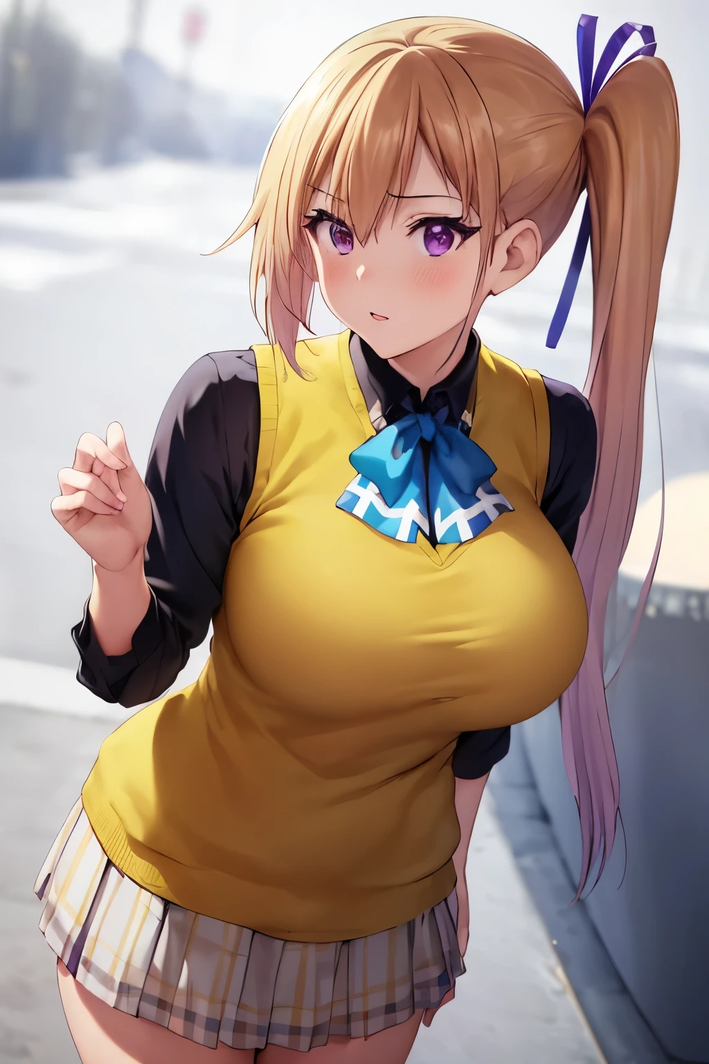 masterpiece, (highest quality), 1 Female,One Girl,1 boy,,Kawakami_May, Blonde, Hair length, Side Ponytail, Purple eyes, Sweater vest, uniform, Skirt, Huge,ribbon, ヘアribbon, Mole under the eye,Sexy Woman, Embarrassing,blush, Bright colors,,Natural soft light,RTTX 10.0, , Beautiful poop, (Detailed face:1.2), Showcase, (Perfect Eyes:1.1) ,(Photorealistic:1.1), 8K Ultra HD, Look at the viewers, outside of home, Simple Background