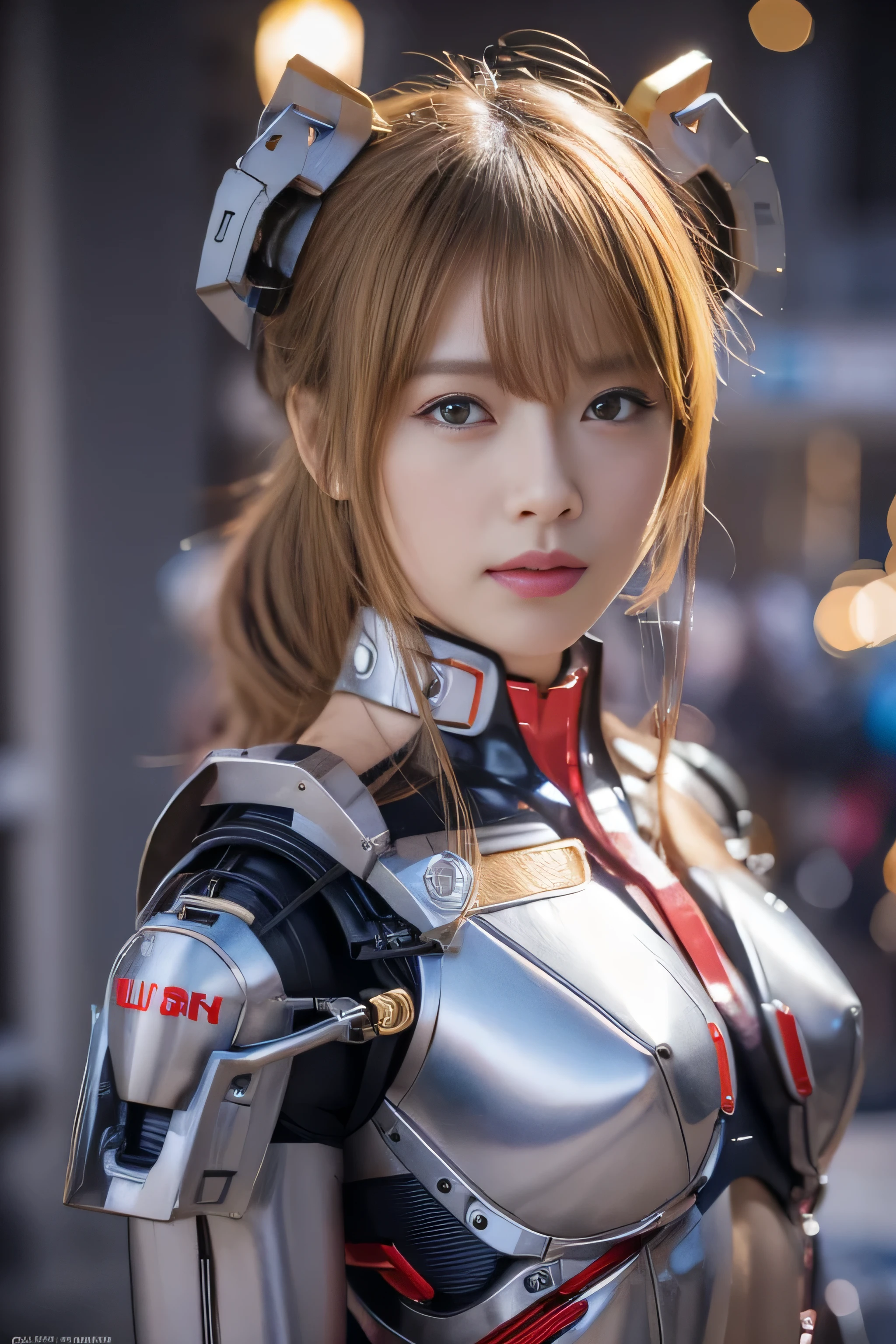 highest quality, masterpiece, Ultra-high resolution, (Realistic: 1.4), RAW Photos, Blonde Hair, Glowing Skin, (1. Mechanical Girl), (Ultra-Realistic Details), Portraiture, Global Illumination, Shadow, Octane Rendering, Ultra Sharp, (Flat Chest:1.3), Bare skin exposed from cleavage, Metal, Intricate decorative details, More about Japan, Very intricate detail, Realistic Light, CGSoation Trend, Purple eyes, Shining Eyes, To the camera, (Neon Details, Mechanical Limbs, Blood vessels connected to tubes, Mechanical vertebrae attached to the back, Mechanical cervical attachment to the neck, Wires and cables connected to the head, (Gundam:1.3), Small LED Lamp:1.2), whole body, (Any pose:1.4), (Abdominal Peek:1.2), From behind,