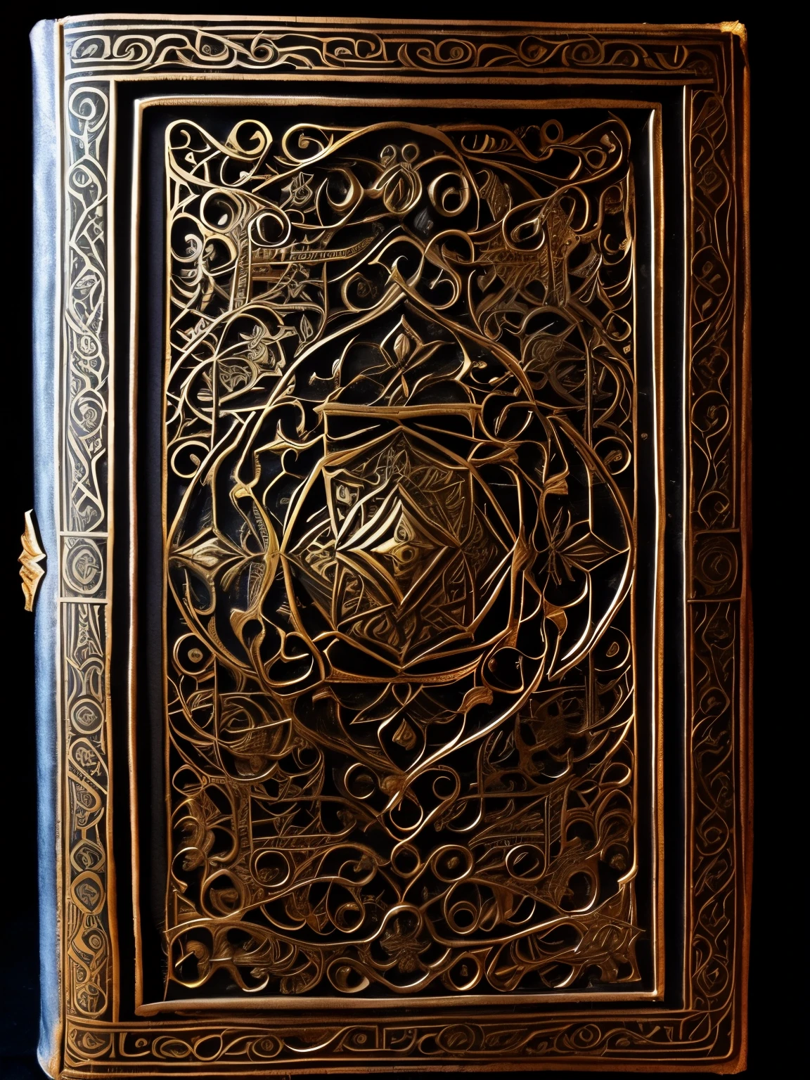 cover of an ancient tome, filigree, gems