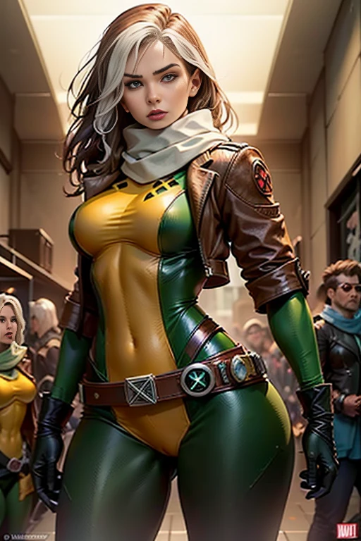 Masterpiece, hd, 8k, ultra detailed, photorealistic !(Rogue is a mutant superhero who has the power to absorb the memories, powers, and characteristics of anyone she touches. Her appearance and wardrobe have varied over the years, but some elements are constant. Rogue has brown hair with a white streak in the front, which is the result of permanently absorbing Ms. Marvel's powers¹. Her eyes are green and she usually wears discreet makeup. His most characteristic wardrobe is a green and yellow bodysuit with a brown leather jacket over it. The suit has a belt with an X and high boots. Rogue also wears gloves to prevent accidental contact with other people. Sometimes Rogue accessorizes her outfit with a scarf, cap, or sunglasses. Rogue has an athletic figure and average height. Their expression is usually confident and defiant, but can also show vulnerability and tenderness. Rogue is a southern belle who has become a leader of the X-Men)