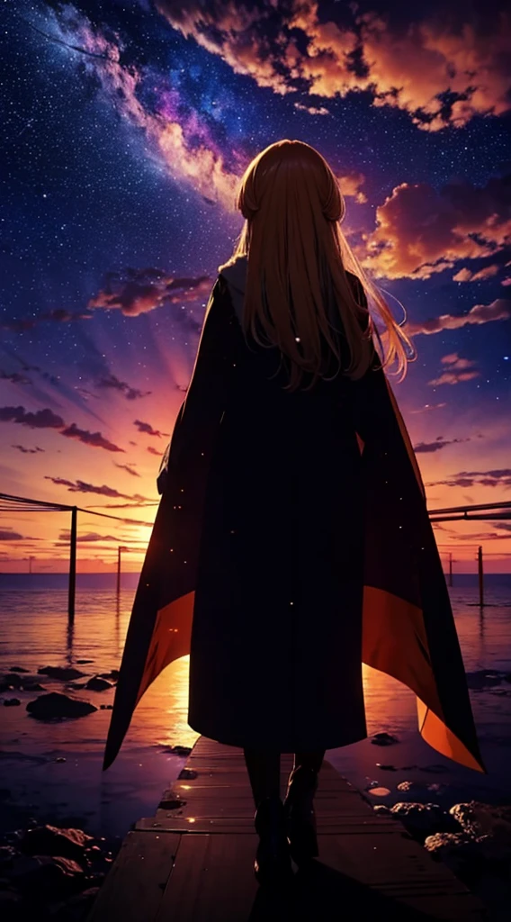1people,Blonde long-haired woman,Long coat, Dress Silhouette, Rear View,Space Sky, , Anime Style, sunset,The boundary between sea and space,