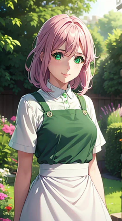 Cute girl,big sized , green colour clothes, white apron, green eyes and pink hair, short skirt, ultra realistic eyes , sunlight and garden background, bright purple eyes, ultra realistic detailed eyes, innocent eyes, looking at camera, beautiful smile, beautiful face,pink colour hair