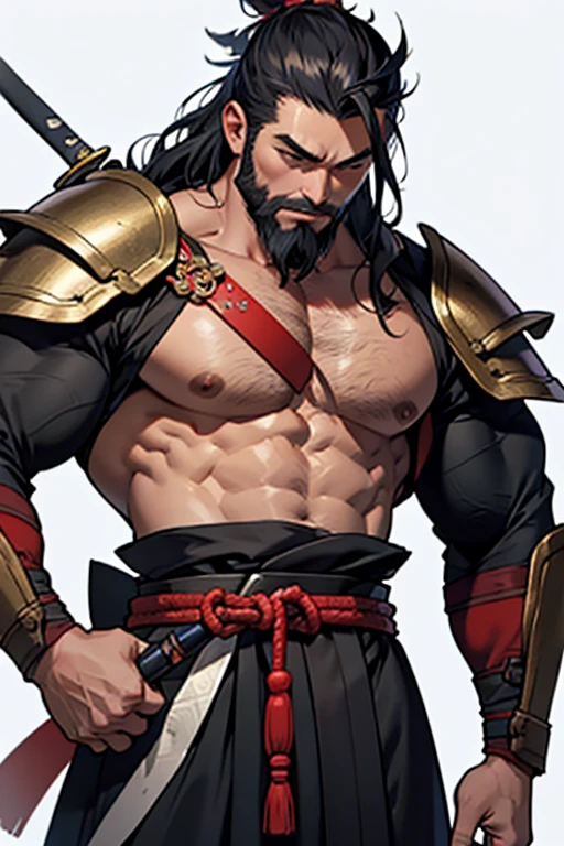 whole body、highest quality、Takeda Katsuyori、Takeda Clan General、Japan 1582（Late Sengoku period）、Japanese Male、36 years old、whole body、Sengoku Warlords、Vermilion Japanese Armor（pocket、breastplate、Shoulder rest、Hand guard、Shin pads）、A thick Japanese sword on his waist、Rugged face、Sharp Eye、rich beard、shortage々Dark long hair、No background、Muscular、legs are short、Abnormally large, muscular upper body、thick-boned、Hairy、Strong pose、