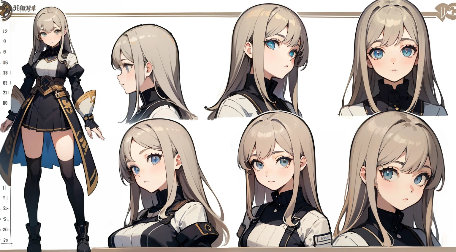 (Masterpiece, highest quality)), one character, adult woman (1), medium breasts, detailed face, character sheet, concept-art, Close-up angle of the face, full of details, (​masterpiece:1.2), (Top image quality:1.3), 1girl in, multiple poses and expressions, highly detailed, depth, many parts, , grey hair, two length hair, beautiful eyes