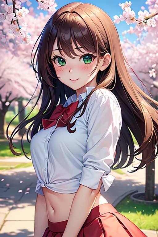 ((masterpiece, highest quality, High resolution, Hyper HD, Pixel perfect, Depth of written boundary, 4K, RTTX 10.0, High resolution))), One girl, single, alone, Beautiful Anime Girls, Beautiful art style, Anime Figures, ((Long Hair, bangs, Brown Hair, Curly Hair:0.8)), ((Green Eyes:1.4, Round eyes, Beautiful eyelashes, Realistic eyes)), ((Detailed face, Blushing:1.2)), ((Smooth texture:0.75, Realistic texture:0.65, Realistic:1.1, Anime CG Style)), Medium chest, Dynamic Angle, Perfect body, ((viewing angle, Dynamic pose, Portraiture)), ((Red bow tie, , white thin shirt、Belly button, Thin skirt in white)), smile, Open your mouth, amusement park, ((Cherry tree, Cherry blossoms fall)), Natural light, Bright sky, sunlight