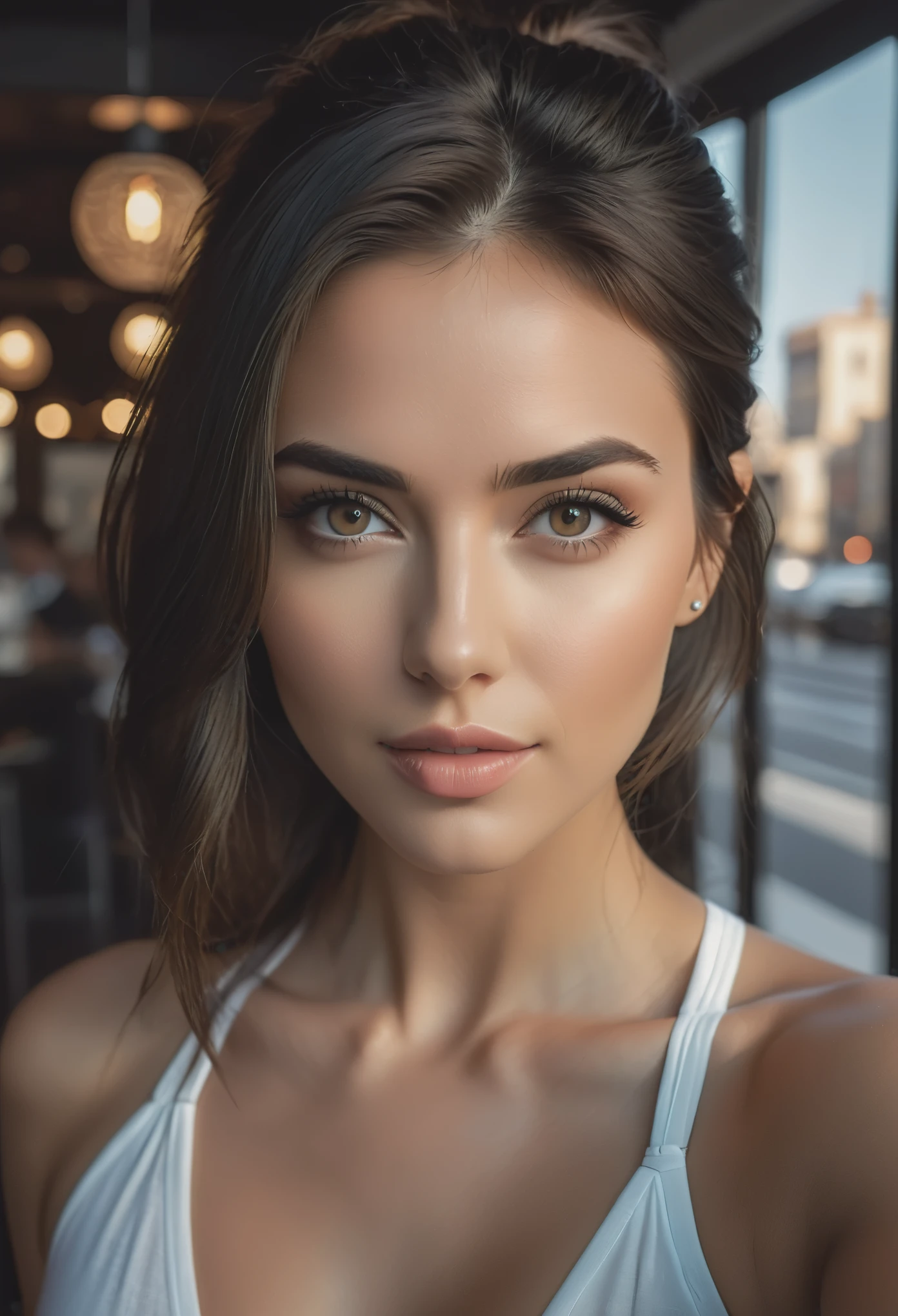 An amazing selfie of a beautiful brunette girl in dark dress, dark brown eyes, dark hair, straight hair, ponytail, great facial feature, perfect eyes, ultra realistic eyes, perfect face, perfect body, cinematic, color analog film photo, intimate posing, realistic hair, ((Perfect Face)), ((Sexy Face)), full shot of a sexy beautiful girl, Photograph, photorealistic, Evocative Pose, ((cute)), sexy pose, (Looking at Viewer), artgerm, daylight lighting, very high detailed, shot on IPhone, Short Light, 32k, cinematic composition, film grain, atmosphere, wondrous, volumetric lighting, insanely detailed, hot, sexy, horny, very seductive, super model, (photorealistic:1.3), (highest quality:1.3), (film grain:1.3), ( world's best photography:1.3), (professional Photo:1.3), (detailed details:1.3), (cinematic light:1.3), ( cinematic color:1.3), maximum depth of field, film photography, ( intricate details:1), (hyperdetailed:1),