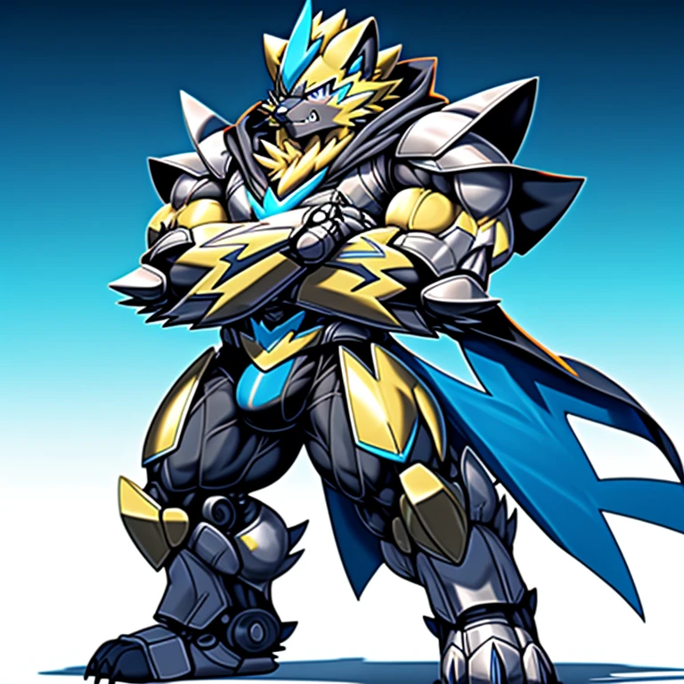 (Pokémon) Zeraora's giant robot. big muscle. GIANT. pecs, triceps, traps, waist narrow.
body full of huge muscles. bulge in the crotch, He wears a black cloak on his back. The cloak is so long that it touches the ground, crossed arms. The claws are sharp,
Sharp teeth, Protecting Zeraora's design and color scheme. bulge in the crotch,
Wearing cyberpunk mecha,
Wearing full plate armor
Its full plate armor emphasizes the muscles.
a knight's mechanical armor,
glowing wide and heavy armor,
He wears the same armor as himself from head to foot.
a furry hero.